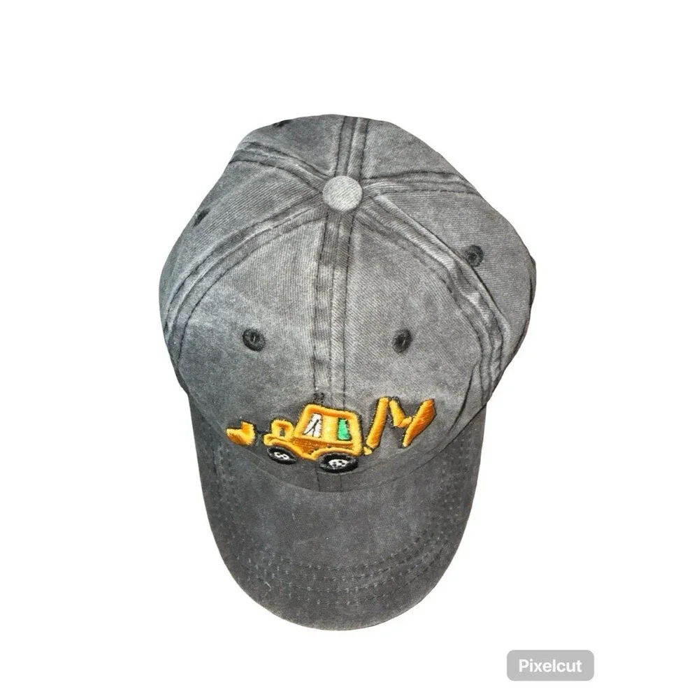 Kids Construction Excavator Hat Adjustable Gray Baseball Cap Embroidered Backhoe